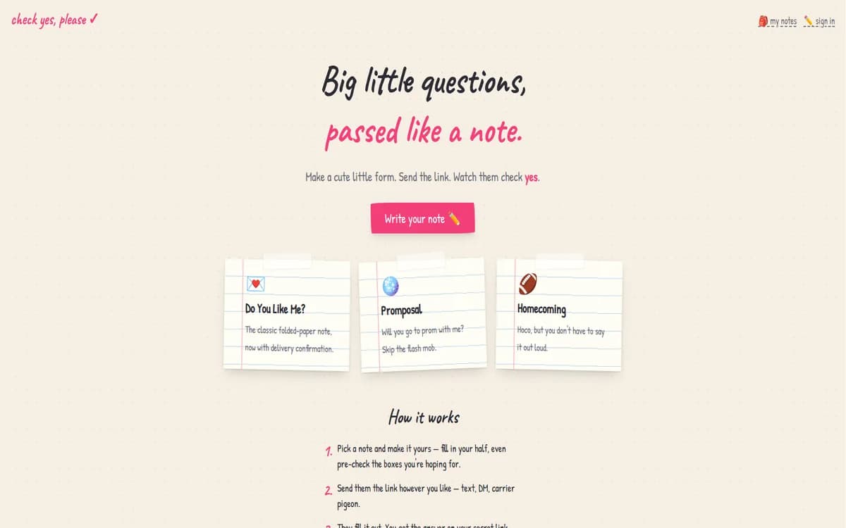 CheckYesPlease.com homepage